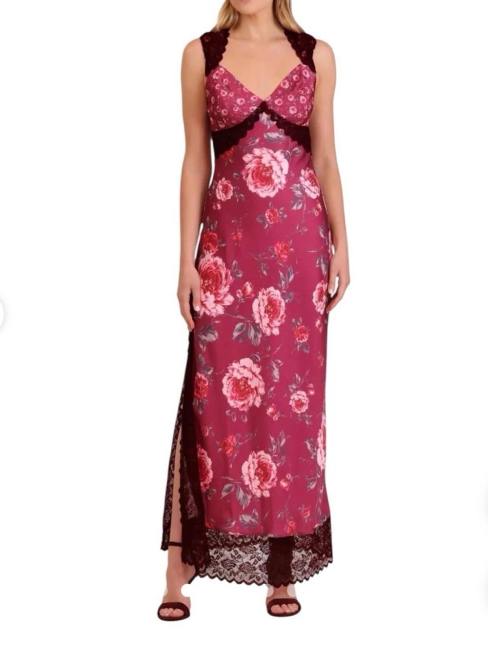 Avec Les Filles Burgundy Floral Lace-Trim Maxi Dress